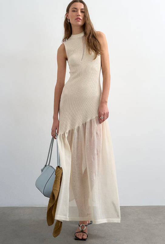 Summer Mature Elegant Mesh Panel Design Ribbed Knit Dress – Babakud