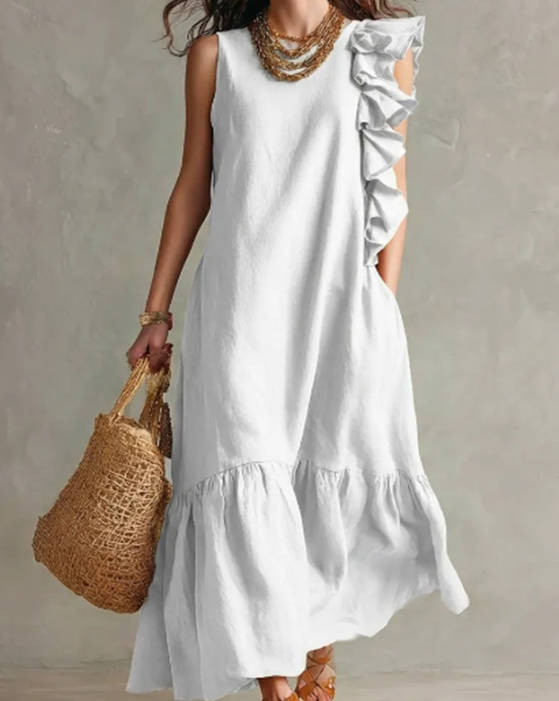 chinese dress ladies Astr The Label | Orenthia Ruffle-Strap Smocked Maxi Dress in Off White main image 0
