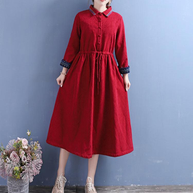 Women Winter Vintage Cotton Linen Embroidered Floral Fleece-Lined Dres –  Babakud