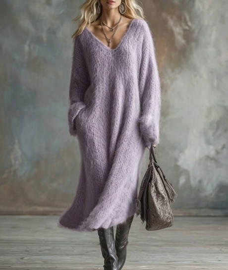 Vintage Women Long Sleeve V-Neck Loose Knit Sweater Dress – Babakud