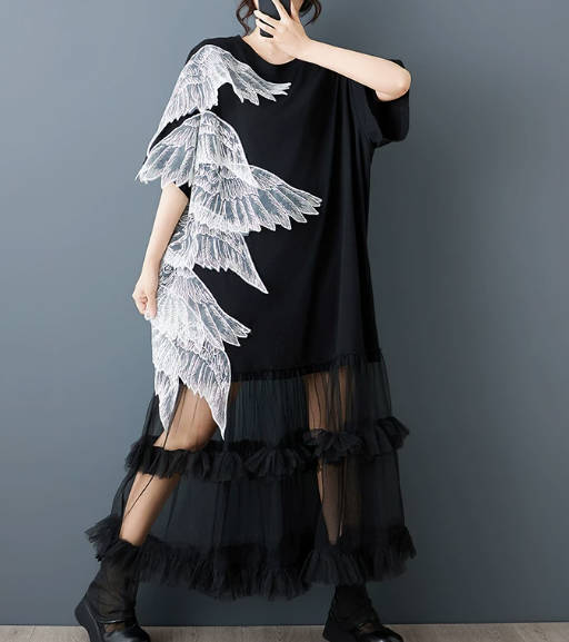 Loose Plus-Size 3D Embroidered Wings Ruched Tulle Patchwork Designer D – Babakud