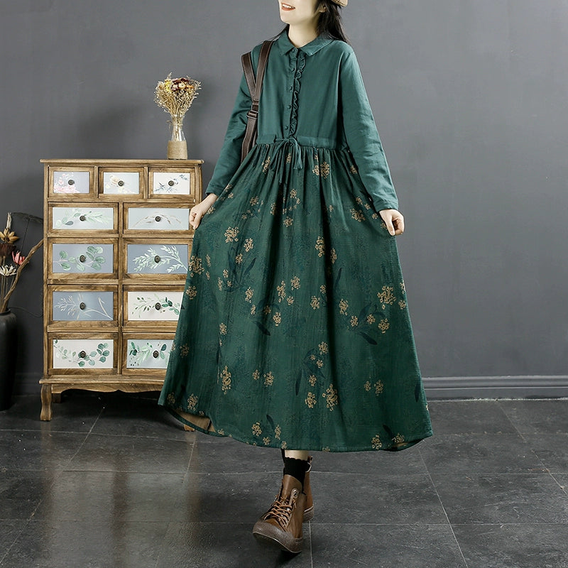 white christmas dresses Women Autumn Vintage Cotton Linen Floral Patchwork Tie-Waist Maxi Dres –  Babakud