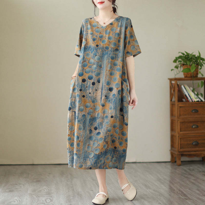 Summer Retro Cotton Linen Printed V-Neck Plus Size Dress – Babakud