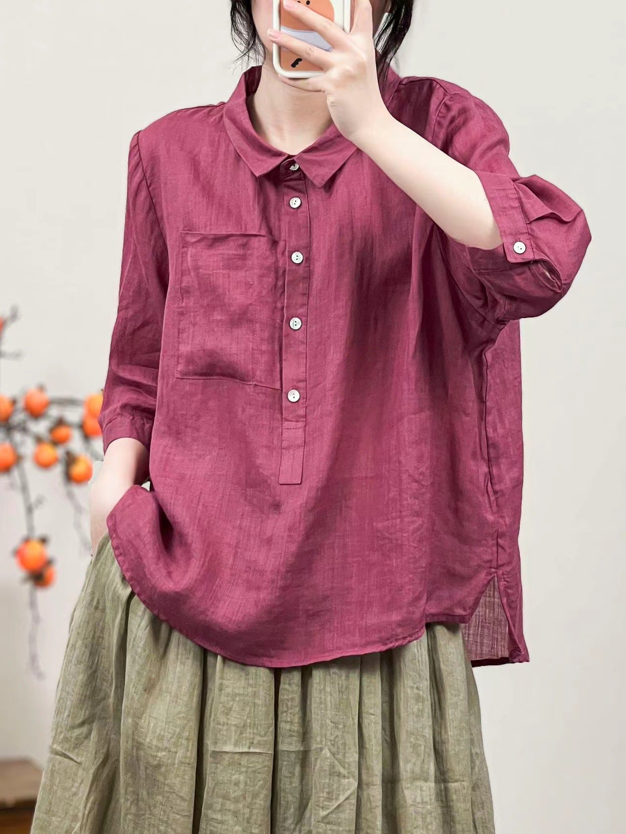 Women Linen Solid Color Retro Shirt