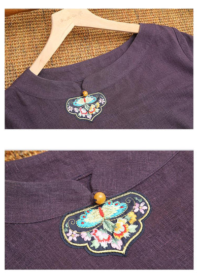 Cotton Linen Short Sleeves Embroidered Summer T-shirt