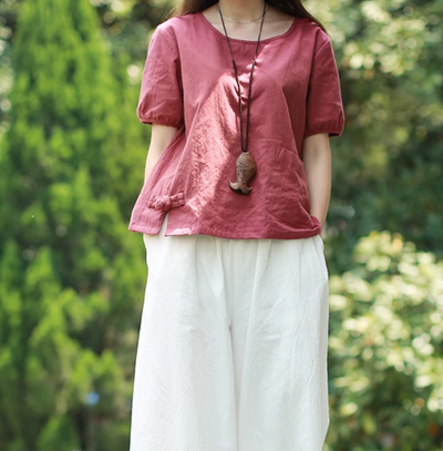 Cotton Linen Short Sleeves Summer T-shirt