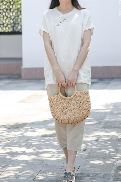 Linen Short Sleeves Summer Retro Floral Embroidery T-shirt