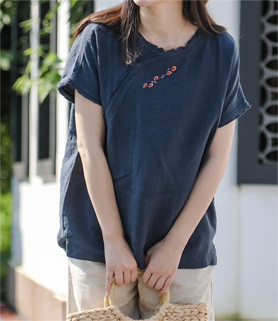 Linen Short Sleeves Summer Retro Floral Embroidery T-shirt