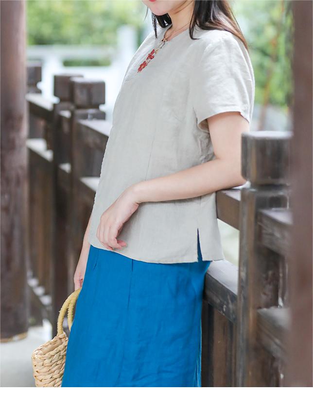 Linen Short Sleeves Summer Retro Floral Embroidery Shirt