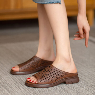 Summer Hollow Leather Retro Lug Sole Slippers