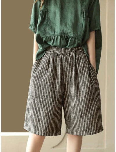 Women Casual Summer Linen Stripe Shorts