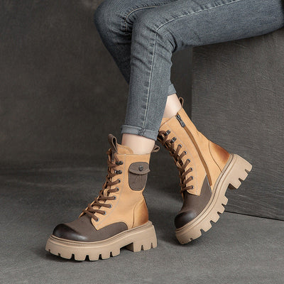 Women Retro Color Matching Patchwork Leather Boots