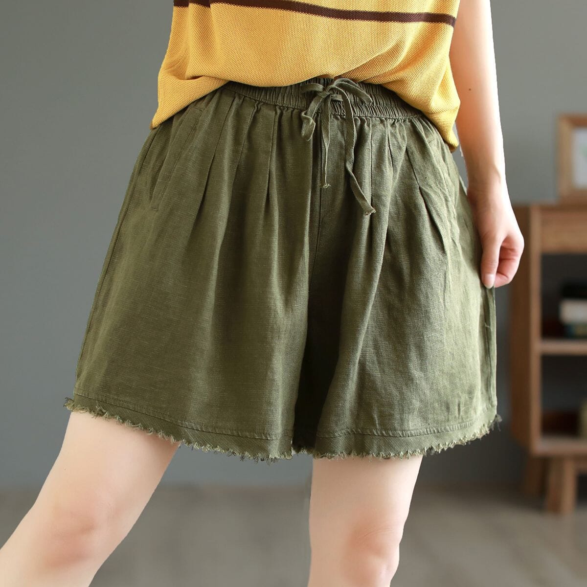 Women Summer Loose Solid Linen Trim Casual Shorts