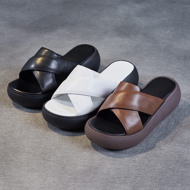Women Summer Retro Leather Platform Casual Slippers