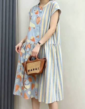 round neck stripe print high waist dress SHEIN LUNE Women's Round Neck Drop-Shoulder Waist Knot High Slit Contrast Stripe Print Casual Vacation Short Sleeve Dress, Summer