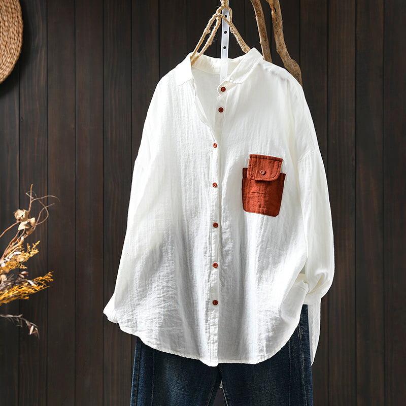 Women Spring Retro Colorblock Pocket Cotton Blouse