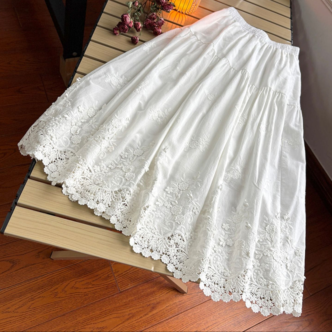 Women Spring Bloom Embroidered Cotton A-Line Skirt