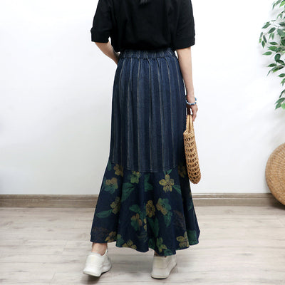 Women Autumn Vintage High-Waist Striped Floral Denim Skirt