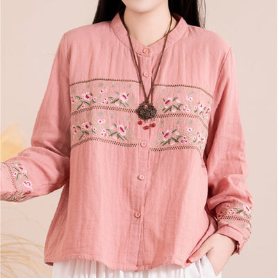 Women Spring Vintage Cotton Casual Embroidered Long Sleeve Shirt