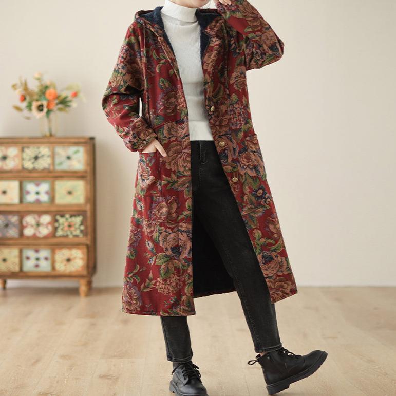 Women Winter Vintage Floral Fleece-Lined Trench Cotton Long Coat