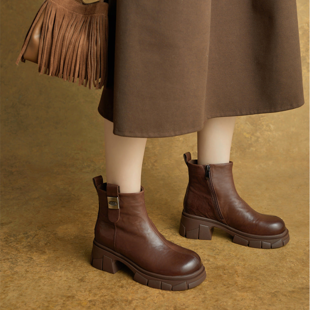 Women Autumn Genuine Leather Chunky Zipper Elegant Ankle Boots