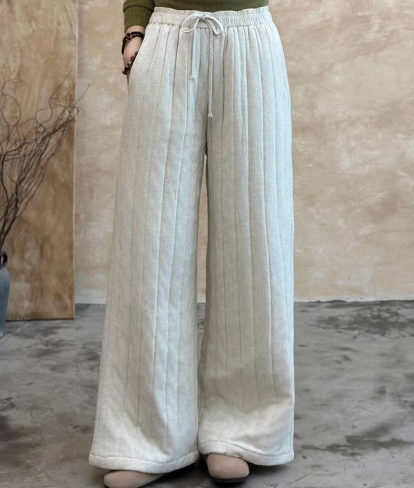 Winter Warm Cotton Thick Striped Elastic Waist Lace-Up Pants