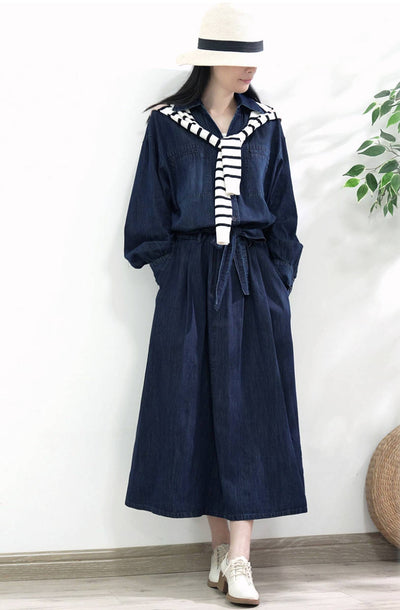 Retro Denim Comfortable Blue Lapel Loose Lace-Up A-Line Dress