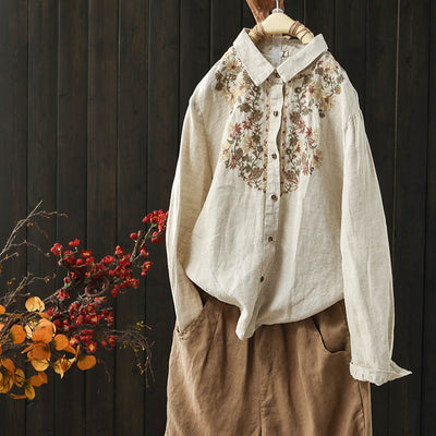 Women Vintage Embroidered Floral Casual Linen Shirt