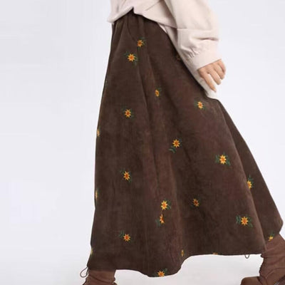 Women Vintage Corduroy Embroidered Floral High-Waist Thick A-Line Skirt