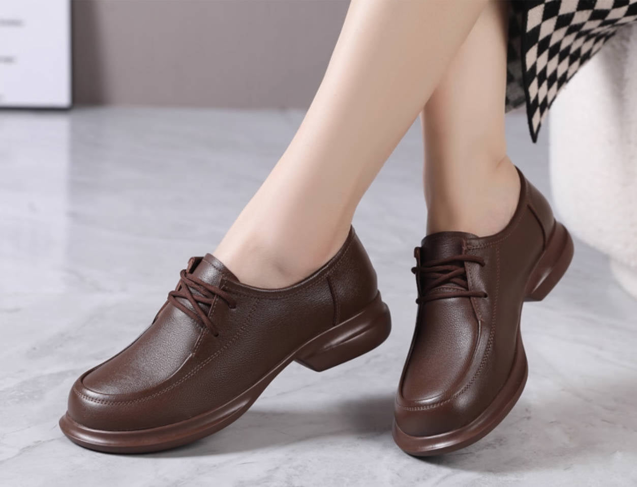 Autumn Leather Casual Wide Round Toe Lace-Up Chunky Shoes