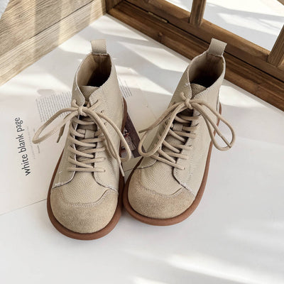 Retro Leather Round Toe Patchwork Soft Sole Lace-Up Ankle Boots