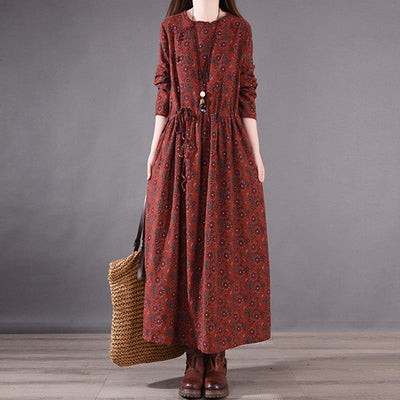 Linen Printed Floral Round Neck Long Sleeves Thin A-Line Dress