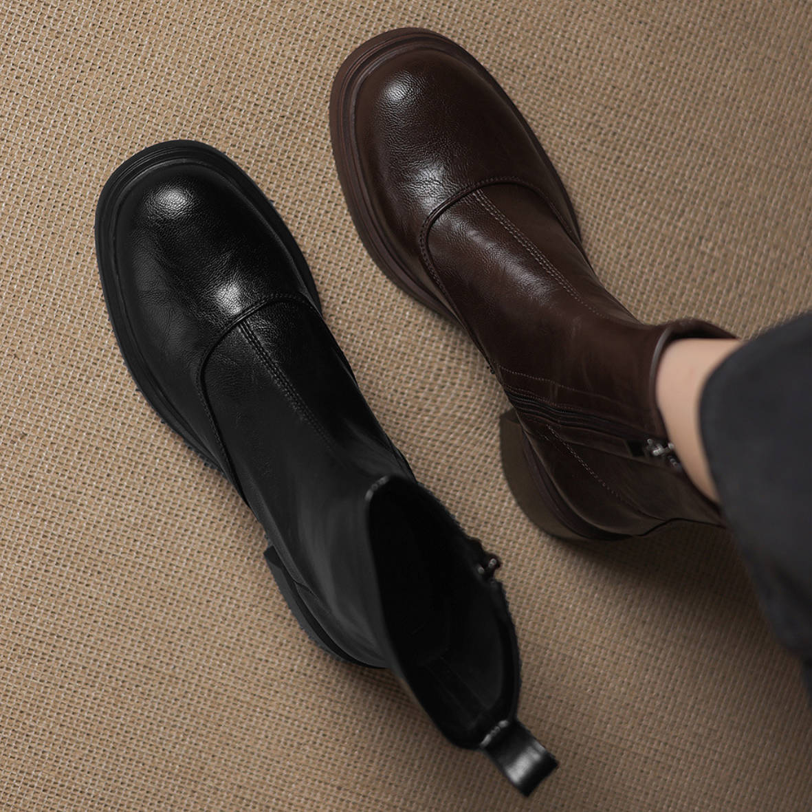 Elegant Autumn Winter Leather Chunky Versatile Boots