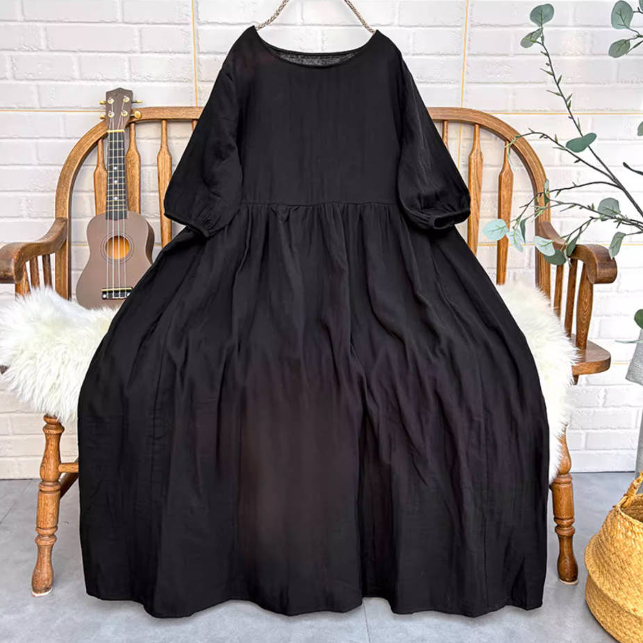 Retro Cotton 3/4 SleevesRound Neck Loose Plus Size Dress