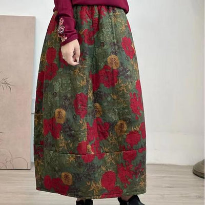 Women Winter Quilted Cotton Linen Floral A-Line Midi Skirt