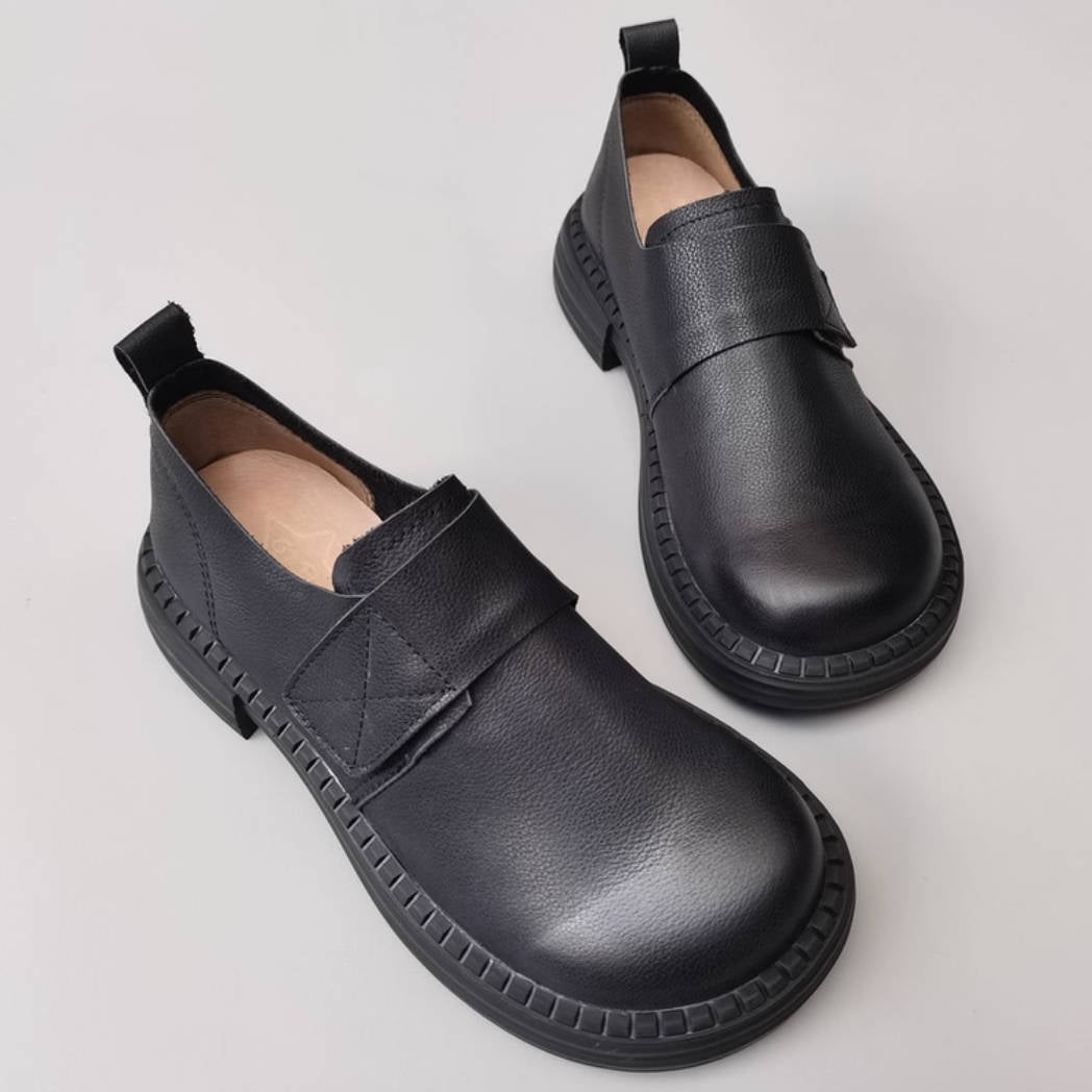 Ballerines souples en cuir véritable, bout rond et large, grandes tailles, à scratch