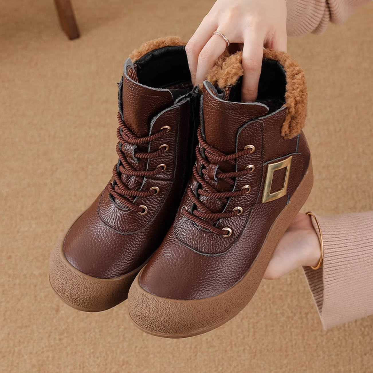 Genuine Top Leather Warm Casual Round Toe Soft Sole Ankle Boots