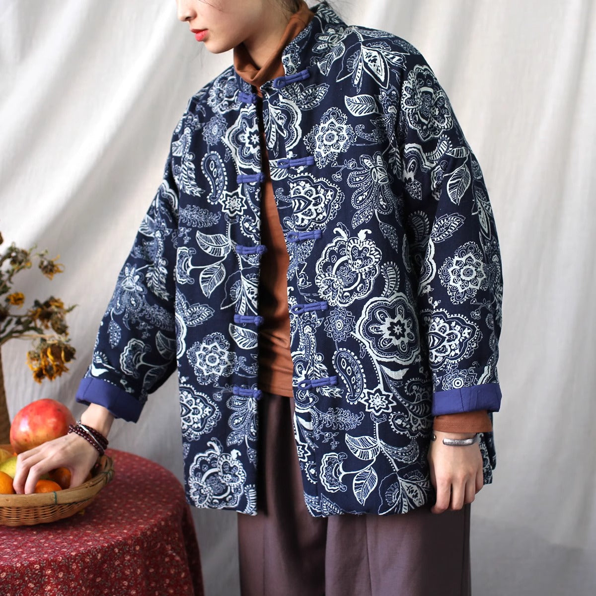 Women Winter Vintage Floral Quilted Cotton Buttoned Jacket