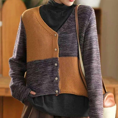 Women Winter Vintage V-Neck Colorblock Cotton Wool Sweater