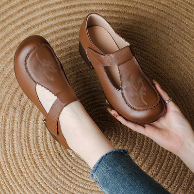 Genuine Leather Round Toe Floral Printed Cut Out Velcro Chunky Shoes