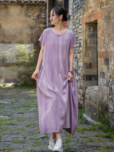 Autumn Cotton Linen Round Neck Short Sleeves Loose Dress