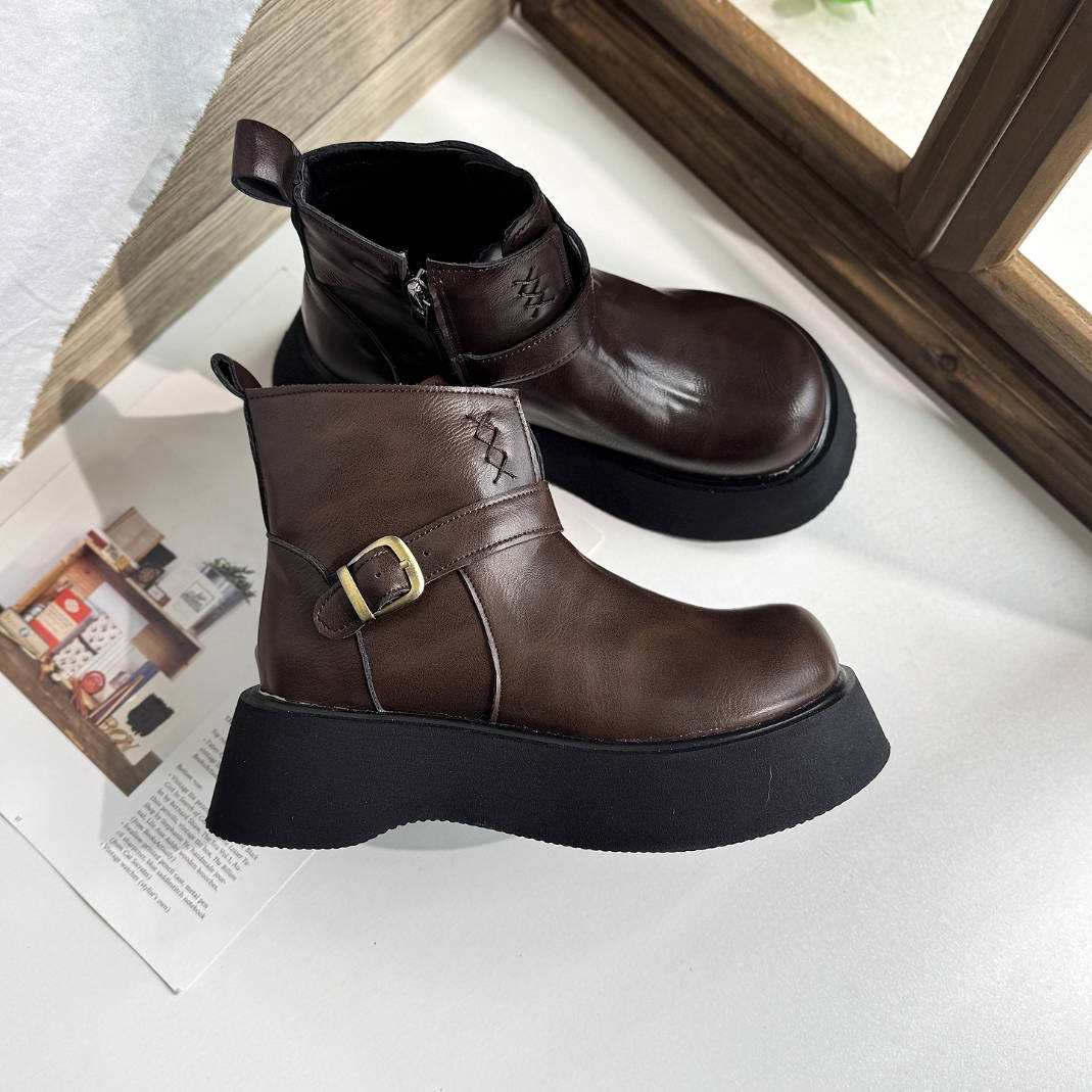 Women Retro Leather Platform Warm Versatile Zipper Ankle Boots