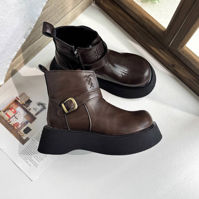 Women Retro Leather Platform Warm Versatile Zipper Ankle Boots