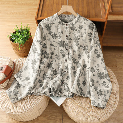 Bohemian Print Linen Shacket Stand Collar Long Sleeve Oversized Top