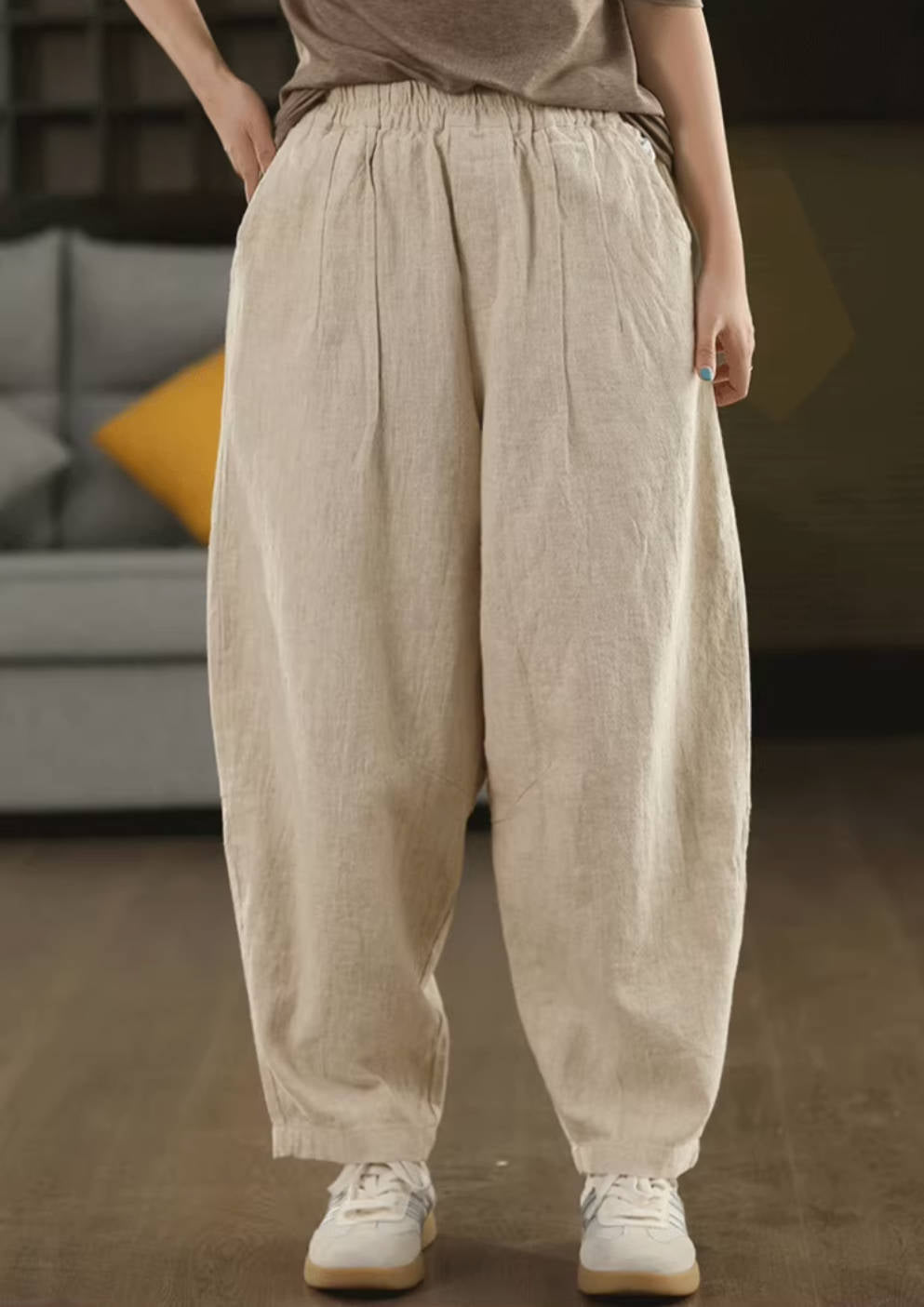 Retro Linen Washed Cotton-In Elastic Waist Harem Pants