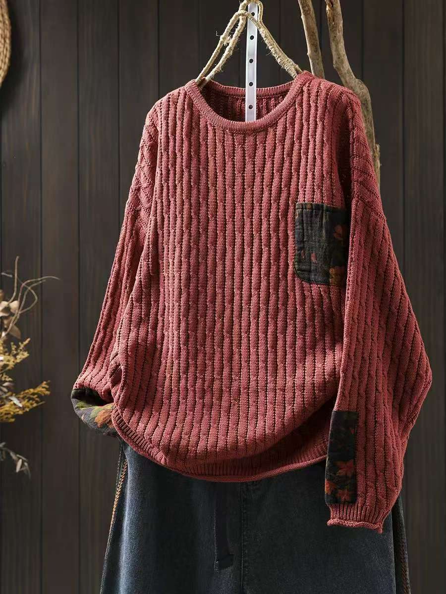 Women Winter Contton Knitted Patchwork Round Neck Sweater