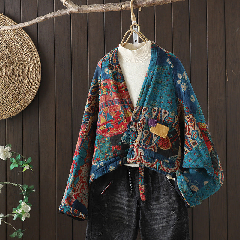 Women Vintage Ethnic Print Batwing Sleeve Loose Fit Jacket