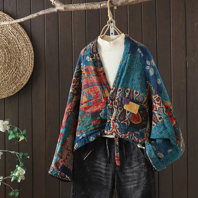 Women Vintage Ethnic Print Batwing Sleeve Loose Fit Jacket