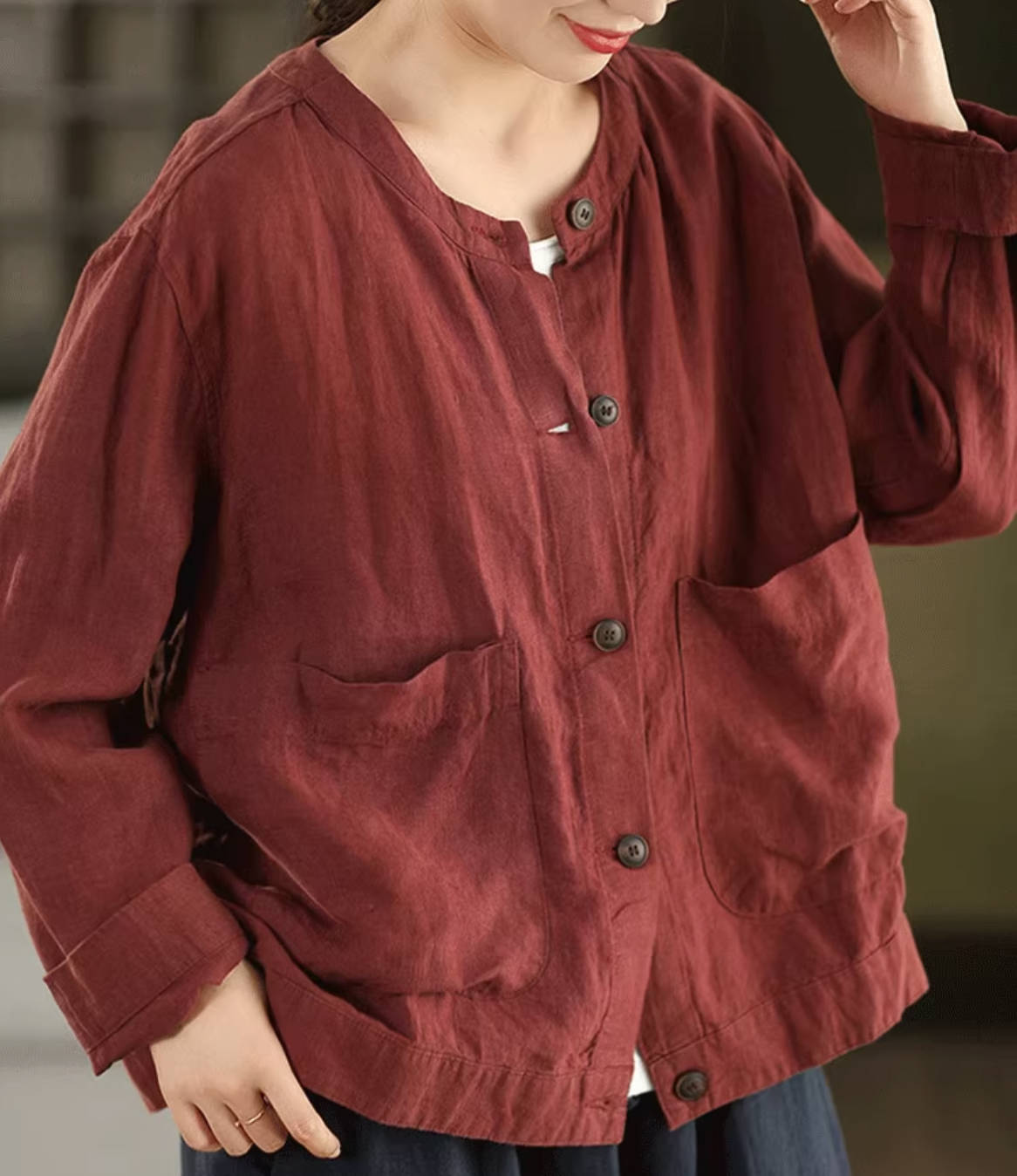 Retro 100% Linen Round Neck Single-Breasted Pockets Shirt