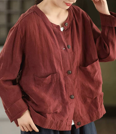 Retro 100% Linen Round Neck Single-Breasted Pockets Shirt